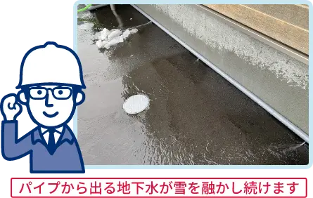 パイプから出る地下水が雪を融かし続けます